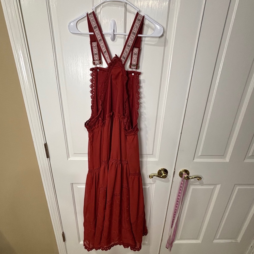 Boho Overall Maxi Dress Terracotta Red Lace Trim Tiered Skirt L - Picture 5 of 6